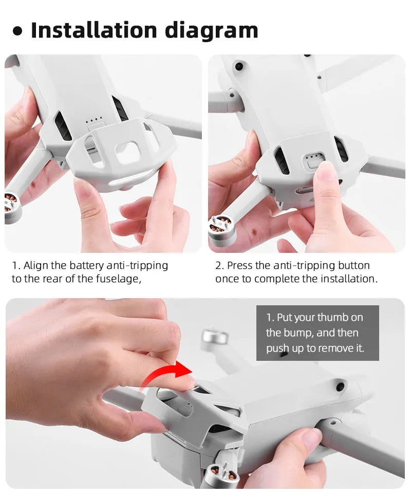 Battery Holder for DJI Mini 3 Pro, installation diagram 1: put your thumb on the bump; and then push up to remove it 
