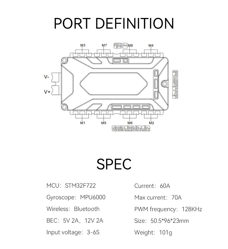 T-MOTOR 8IN1 CINE F7 60A STACK - INTEGRATED STACK stable structure design Full- connector 11 T-MOTOR 8IN1 CINE F7 60A STACK, MCU: STM32F722 Current: 60A Gyroscope: M