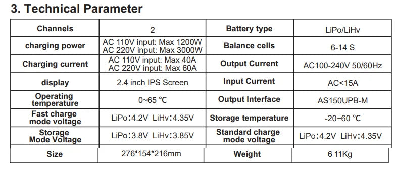 NEW TATTU TA3000 3000W Multifunctional Smart Balancing Charger Dual Channel 6-14S Lipo LiHv High Power for Battery Agriculture Drone Battery 9 3. Technical Parameter Channels Battery type LiPolLiHv charging power AC 11OV