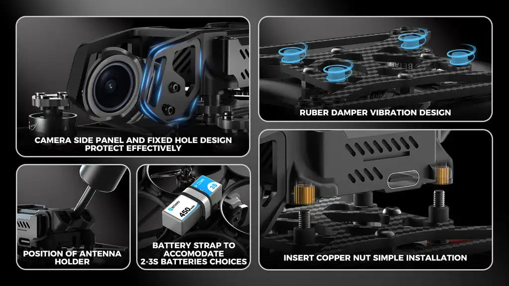 BETAFPV Pavo20 Brushless BWhoop Frame, RUBER DAMPER VIBRATION DESICN CAMERA SIDE PAN