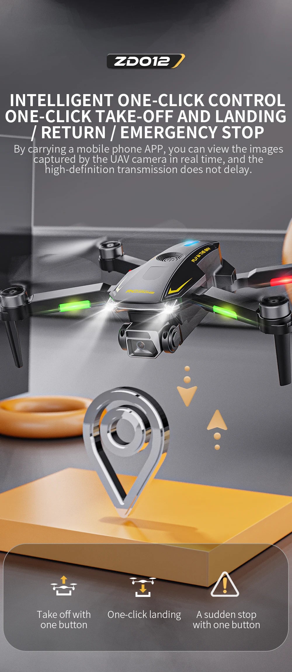 ZD012 Drone, Control drone with one-click takeoff/landing and emergency stop; live camera feed on mobile app.