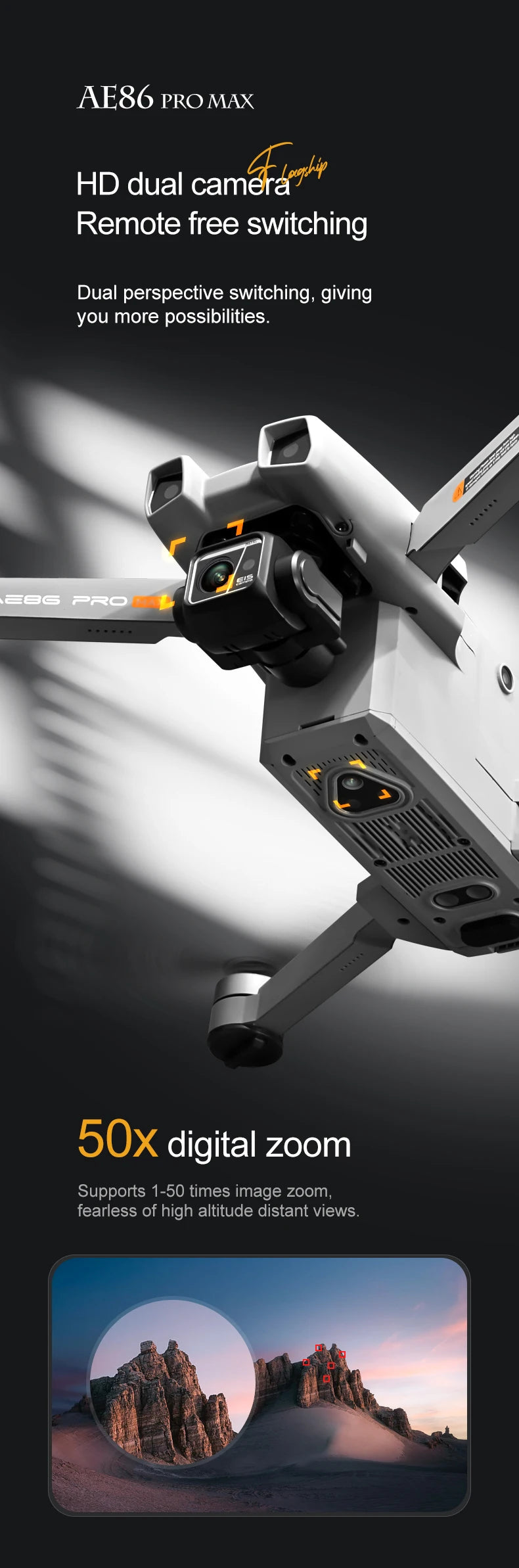 AE86 Pro Max Drone, AEBS P7O 50x digital zoom Supports 1-50 times image zoom .