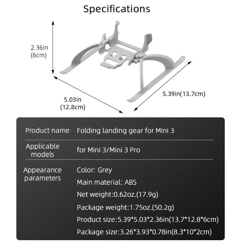 Foldable Landing Gear for DJI Mini 3/MINI 3 PRO, Specifications 2.36in (6cm) 5.39in(13.7cm). 5.