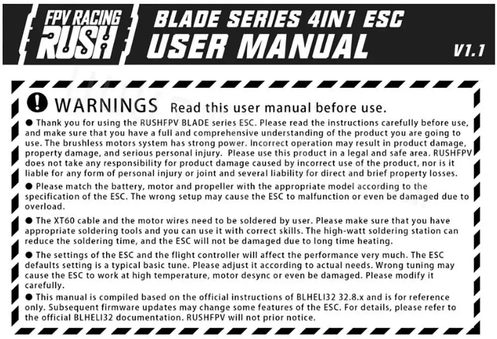 RUSHFPV RUSH BLADE V2 Stack, Rush Blade V2 Stack: User manual required; use safely, avoid damage or injury.