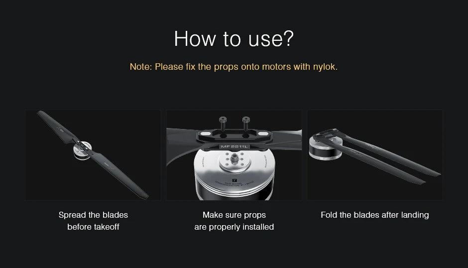 T-motor MF2211 Polymer 30 inch Folding propeller, fix the props onto motors with nylok.