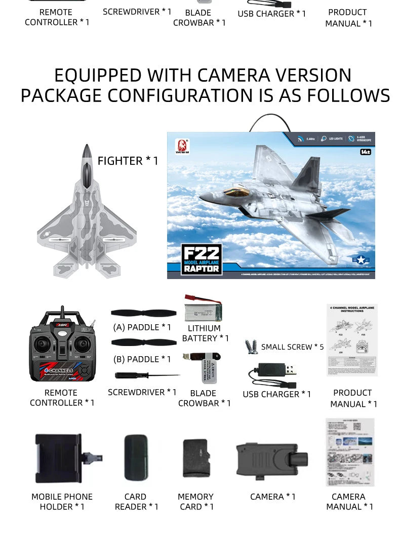 BM22 F22 fighter plane electric foam model with remote control and accessories for flying enthusiasts.