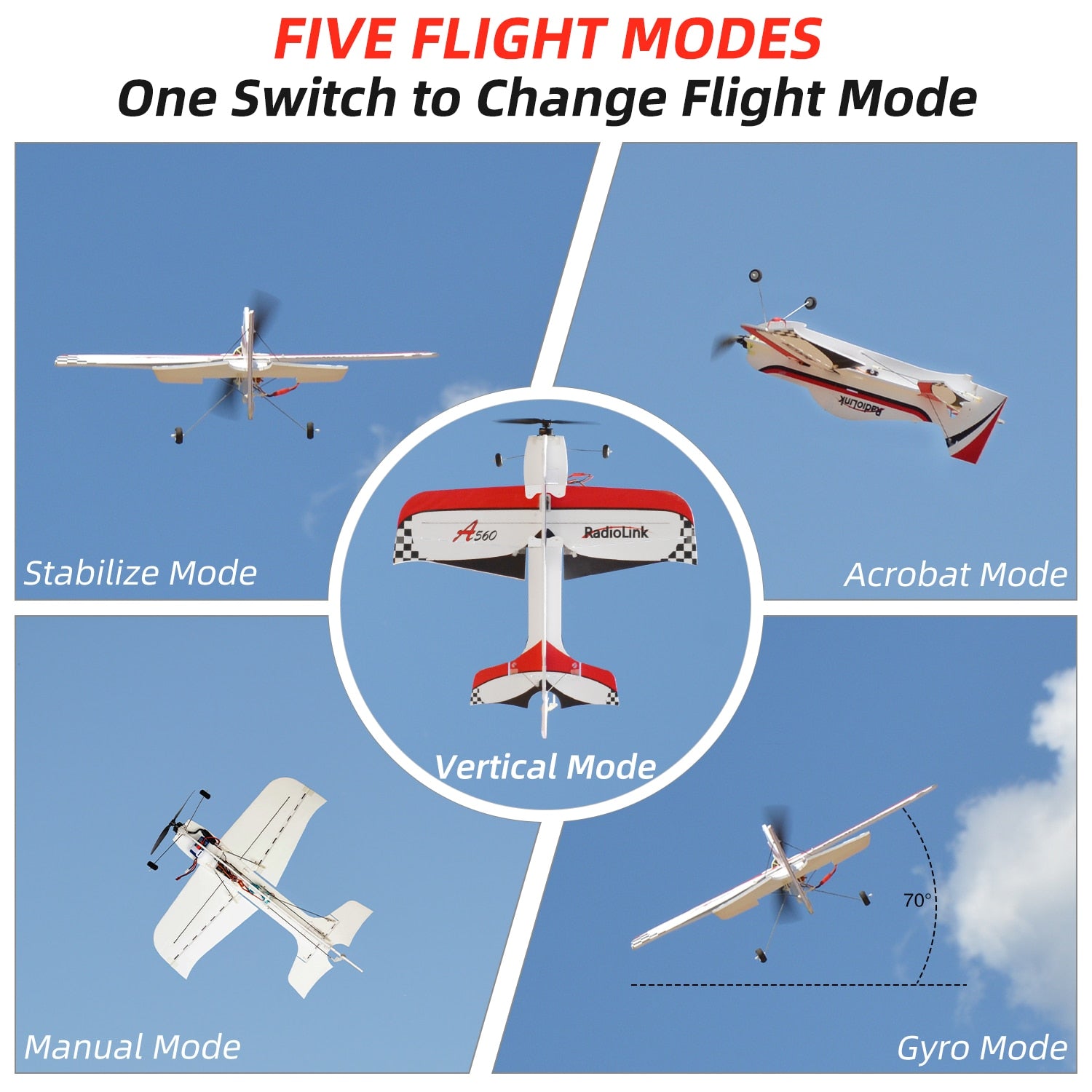 Radiolink A560 Airplane, FIVE FLIGHT MODES One Switch to Change Flight Mode 560 RadioLink Stabilize