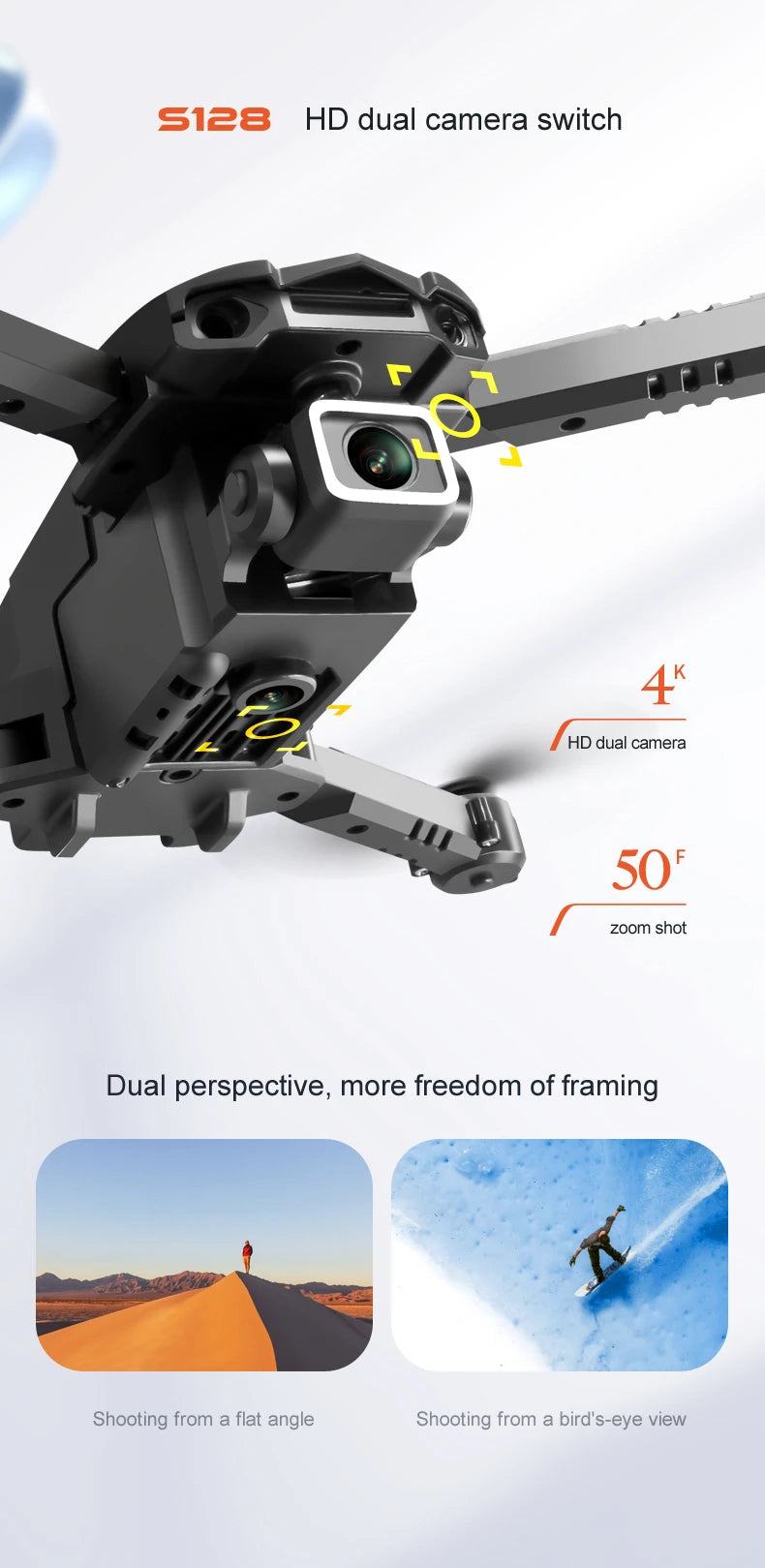 KBDFA S128 Mini Drone, dual camera switch 4k hd dual camera 50f zoom shot