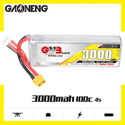 High-performance LiPo battery for RC drones with 3000mAh capacity and 100C/200C discharge rate.