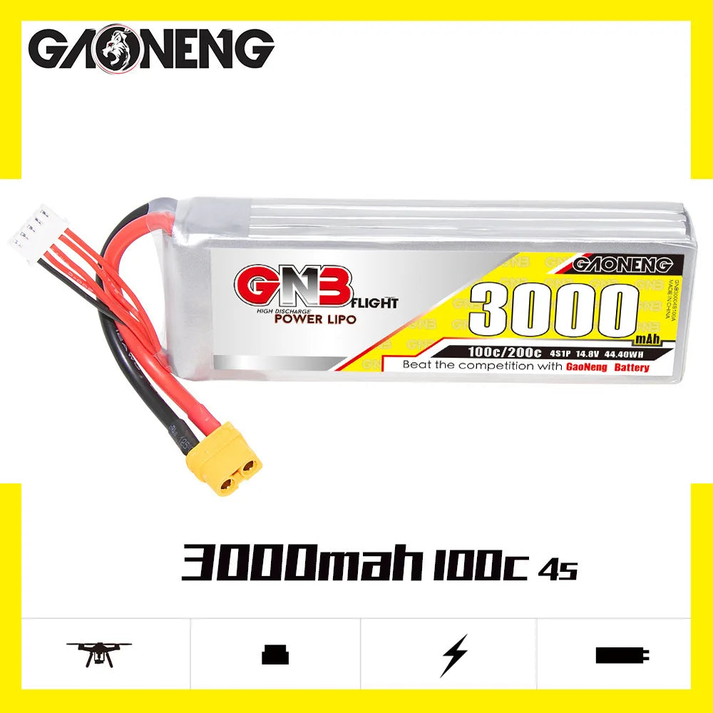 08e7ad83ba3c6e1731cf57af8eee6c36_O1CN01VOYVuG2Gi2JluKhpX_!!3598899048-0-cib.jpg High-performance Lipo battery for RC drones with 3000mAh capacity, 100C/200C discharge rates, and compatibility with 14.8V or 22.2V systems.