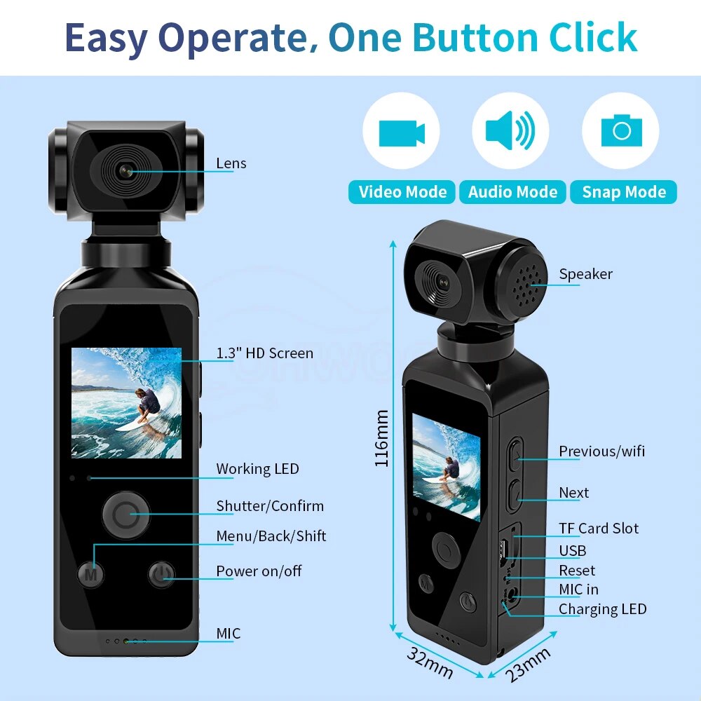 4K HD Pocket Action Camera, Easy Operation, One Button Click Lens Video Mode Audio Mode Snap Mode Speaker 1.3"