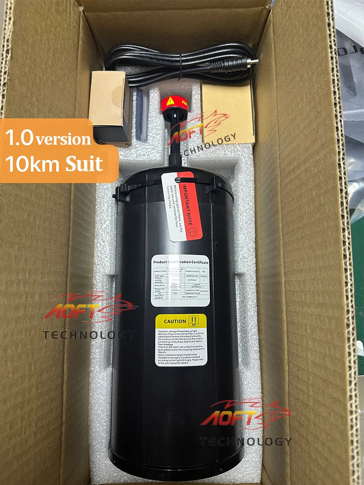 FPV drone optical fiber data relay, single-mode, 0–20km range, version 1.0, suitable for 10km transmission.