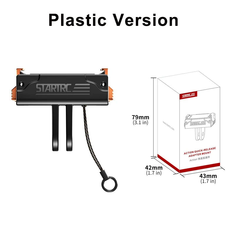 STARTRC plastic quick-release adapter mount, 79x43x42mm, includes lanyard for secure, fast attachment and detachment.