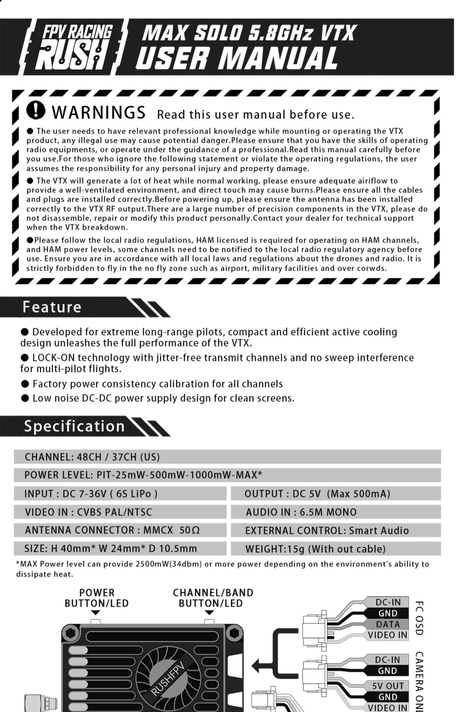 Rushfpv RUSH TANK MAX SOLO VTX - 5.8GHz 2.5W 48CH High Power Video Transmitter with CNC shell for RC FPV Long Range Fixed-wing Drones DIY 9 Rushfpv RUSH TANK MAX SOLO VTX, RUSH TANK MAX SO