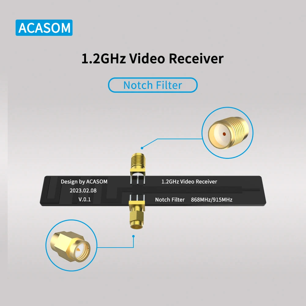Compatible TBS 1.2GHz 1.3GHz VRX Notch Filter (868/915 MHz) improves video reception for 1.2-1.3GHz video receivers 7 Notch Filter Design by ACASOM 1.2GHz Video Receiver 2023.02.