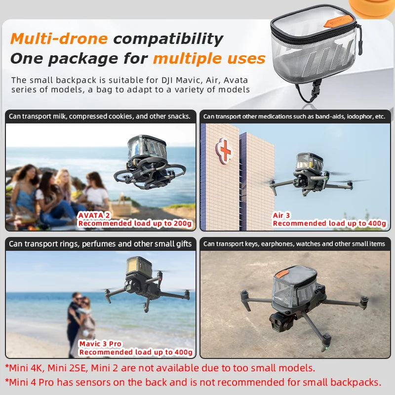 STARTRC Drone Air Delivery Bag, Backpack fits DJI Mavic, Air, and Avata series; holds up to 400g. Not compatible with Mini 4K, Mini 2SE, Mini 2, or Mini 4 Pro.