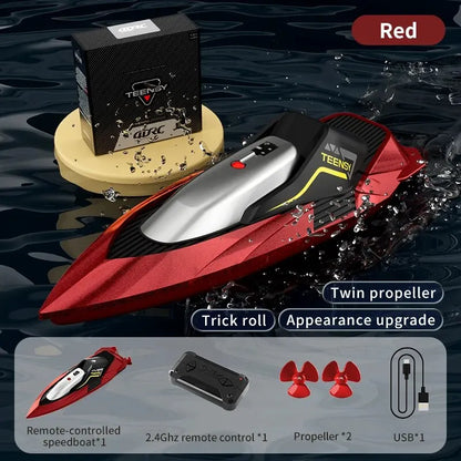4DRC S5 2.4G Mini RC Boat, Red 4DRC S5 RC speedboat features twin propellers, performs trick rolls, and is remote-controlled for high-speed aquatic stunts and fun.