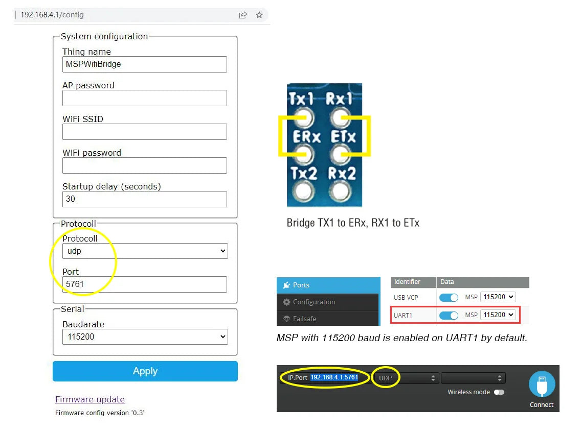 MATEK F405-WTE, 192.168.4.1/config System configuration Thing_name MSPWifi