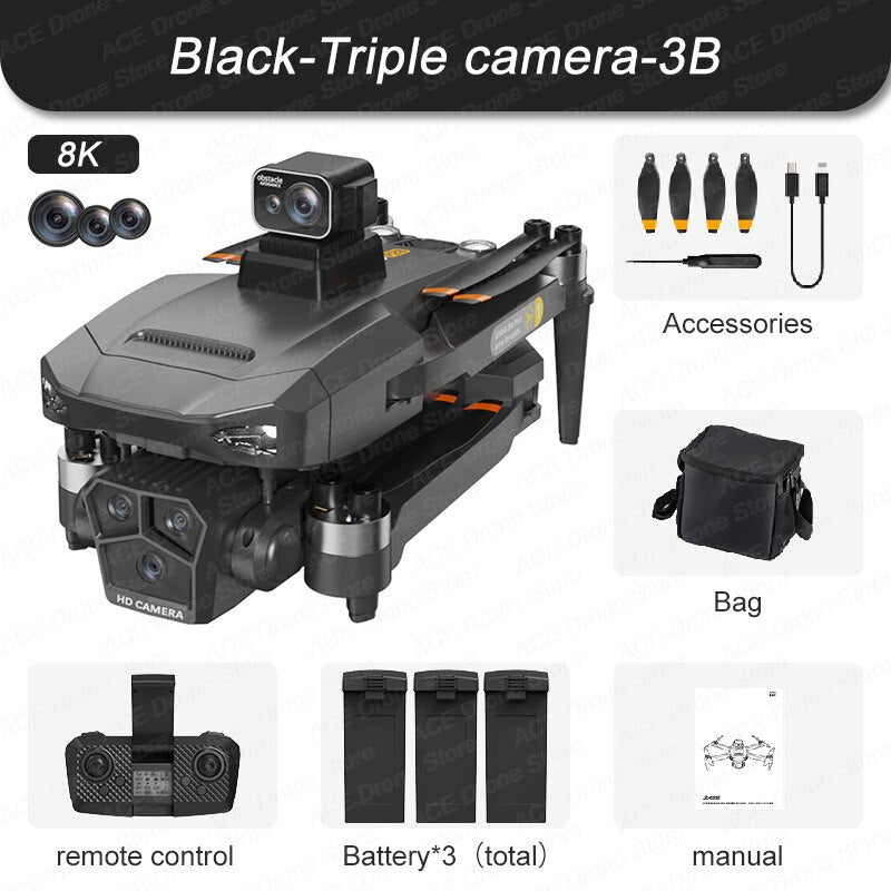 P20 GPS Drone, Ce Black-Triple camera-3B e 8K Accessories Slo remote control Battery*3