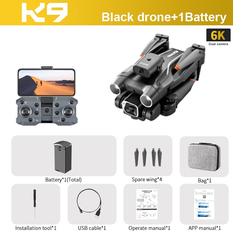 K9 RC Drone, KD Black drone+1Battery 6K Dual camera Battery"