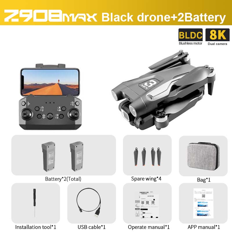 Z908 MAX Drone, ZFOEnAX Black drone+2Battery IBL