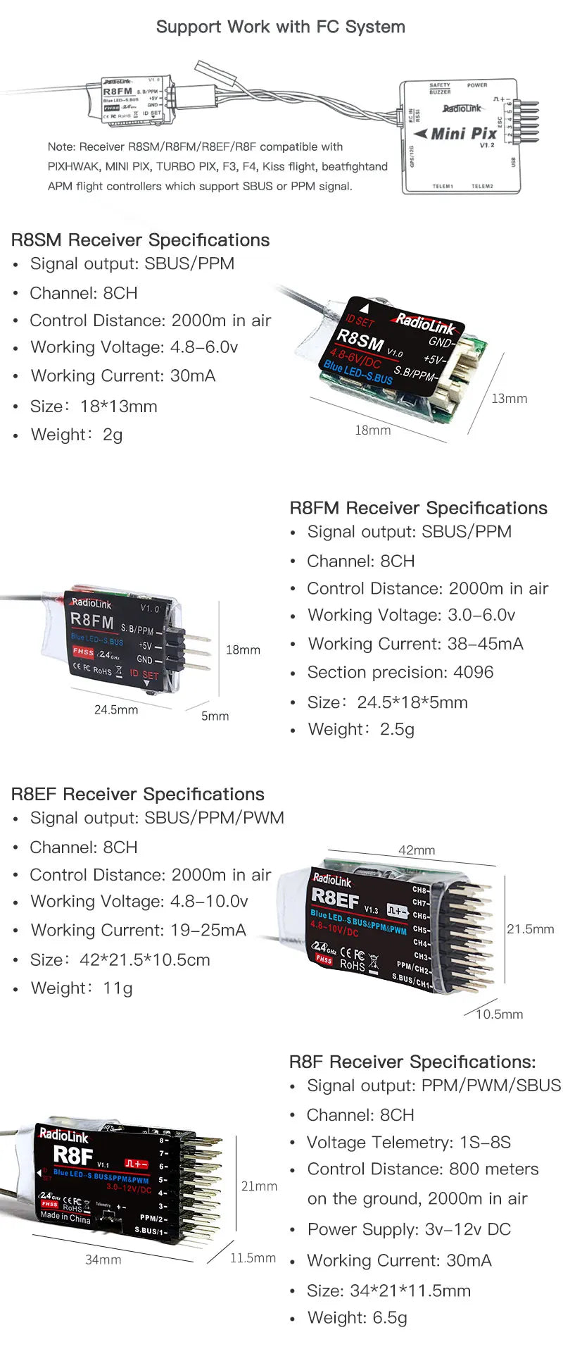 Radiolink T8S, RBFM/RBEF/R8F compatible with PIXHWAK,