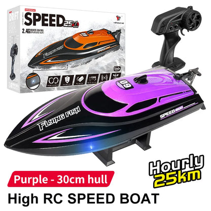 Children 2.4GHz RC Boat, Purple 30cm RC speedboat with 25km/h speed, 2.4GHz remote, 120m range, and 7.4V 700mAh battery for high-speed performance.
