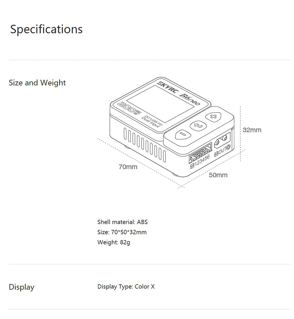 2023 SkyRC B6neo Smart Charger, Specifications Size and Weight 2 32mm OOnc 7omm somm Shell material