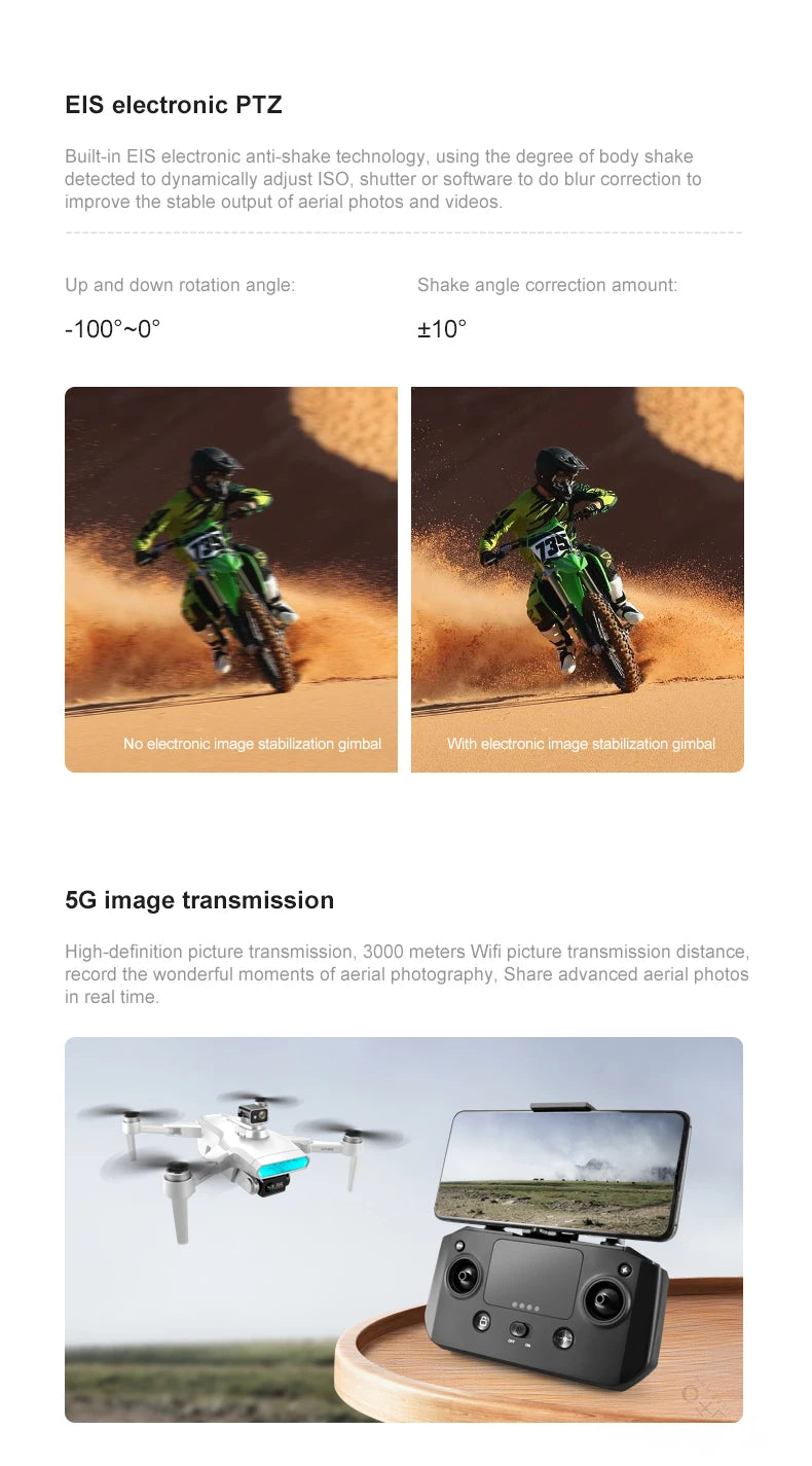 LU9 Max GPS Drone, EIS electronic PTZ Built-in shake technology; dynamically adjust ISO, shutter or software