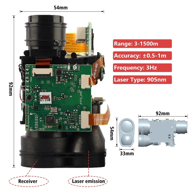 Meskernel PTFG-2000 Laser Rangefinder Sensor, Laser rangefinder: 3-1500m range, ±0.5-1m accuracy, 905nm wavelength, 3Hz frequency, supports TTL/RS232/RS485 interfaces.
