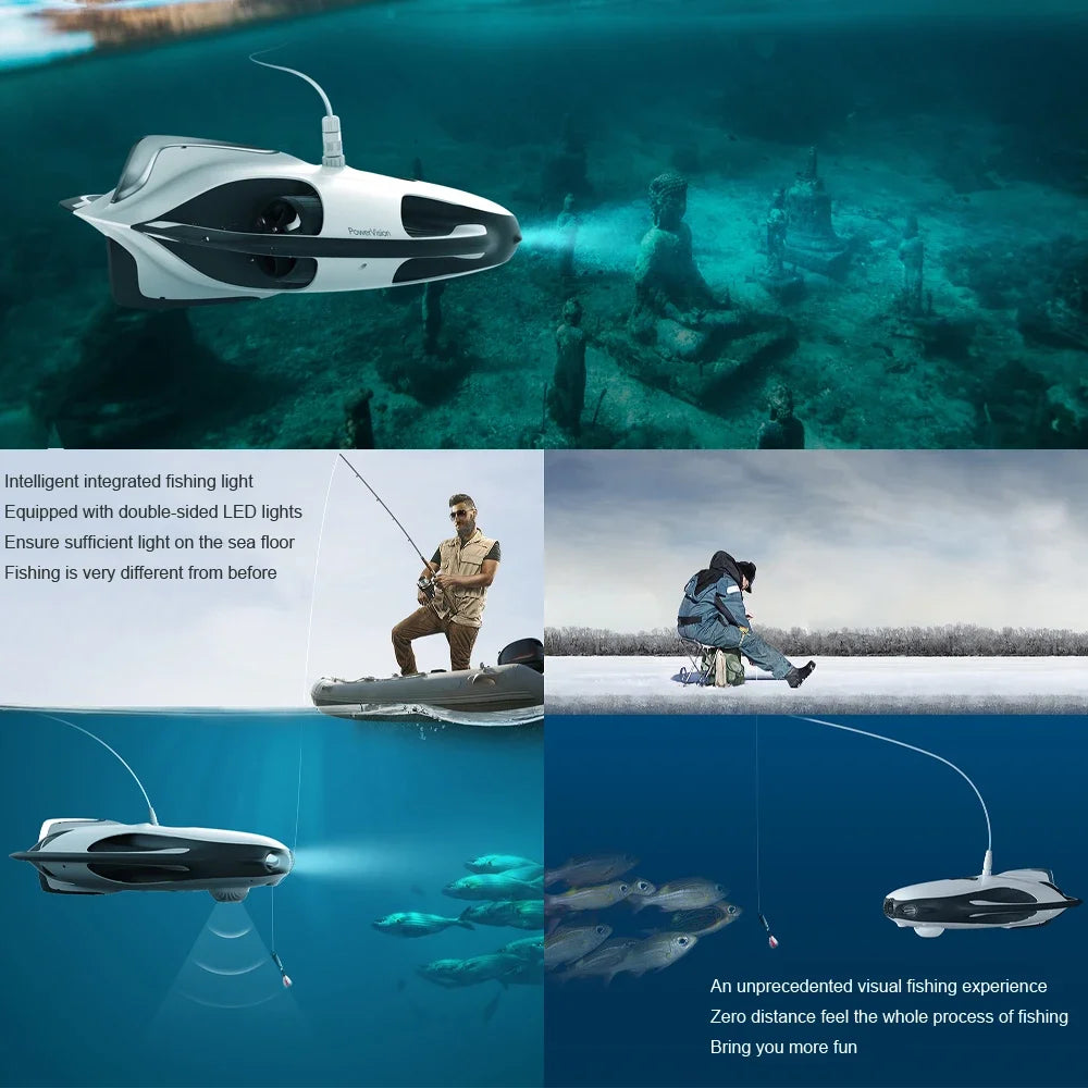 PowerVision PowerRay Underwater Camera Drone, PowerVision PowerRay is a 4K underwater drone with LED lights, Wi-Fi, 30m depth rating, 164ft tether, and 4-hour battery life.