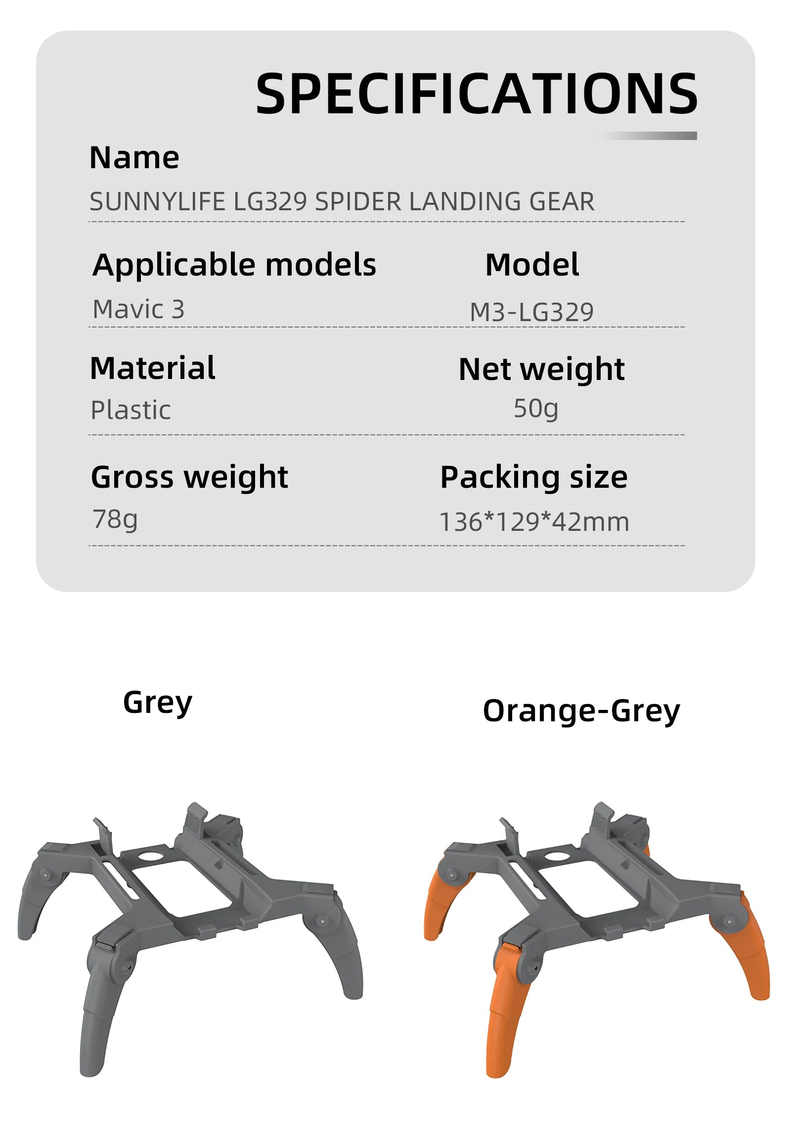Extended Landing Gear for DJI Mavic 3 Support Protector Extension Replacement Fit for DJI Mavic 3 drone Accessories 10 SPECIFICATIONS Name SUNNYLIFE L6329 SPIDER