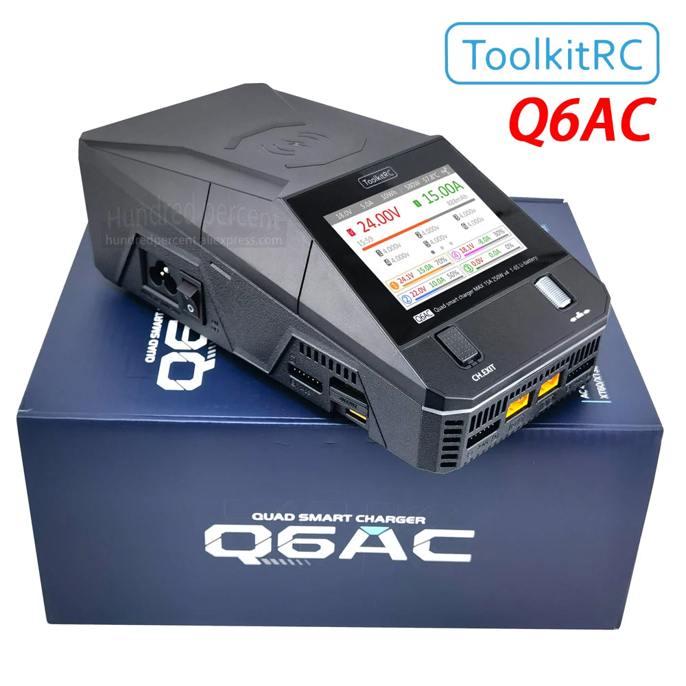 ToolkitRC Q6AC 1-6S Lipo Battery Charger, The ToolkitRC Q6AC is a compact 1-6S lipo battery charger for FPV drones with smart charging and up to 24V input power.