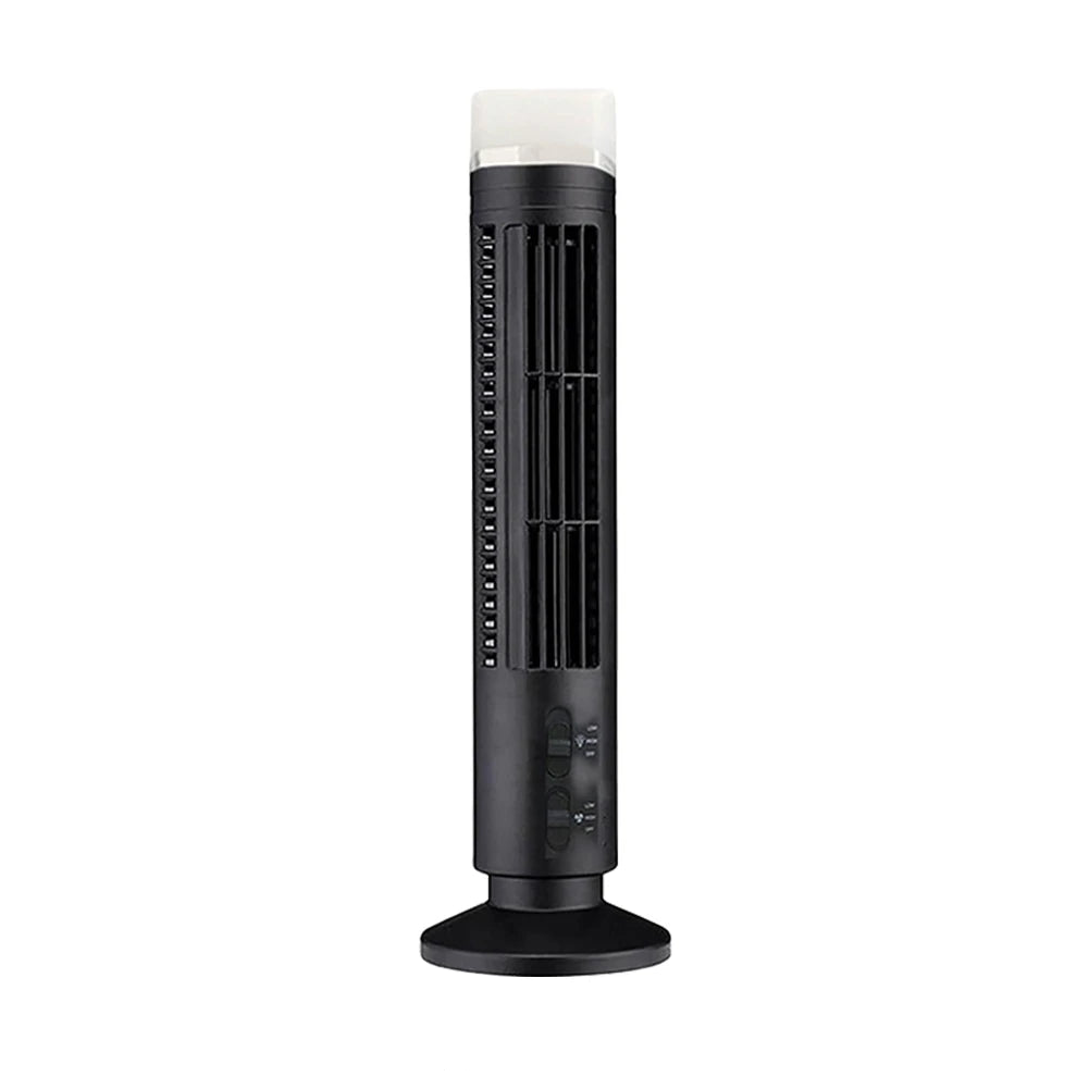 Black bladeless tower fan with built-in LED night light top and front control buttons