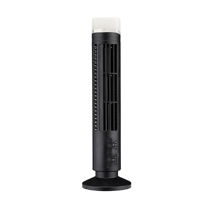 Black bladeless tower fan with built-in LED night light top and front control buttons