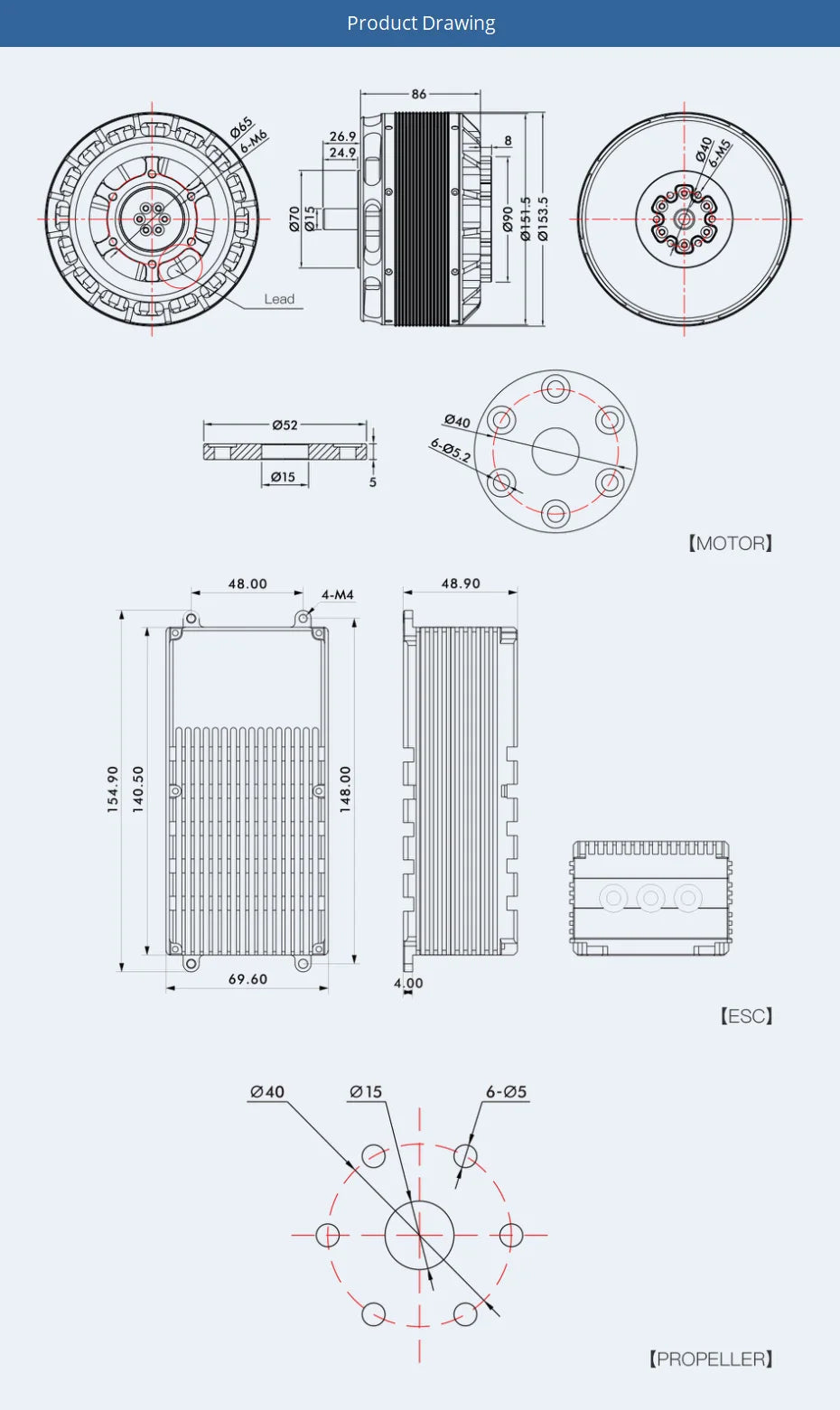 T-MOTOR U15XL KV38 100kg Thrust 23KW 100V Brushless Motor For Heavy Lifting Multi-Rotor Drone 11 T-MOTOR U15XL KV38 100kg Thrust 23KW 100V