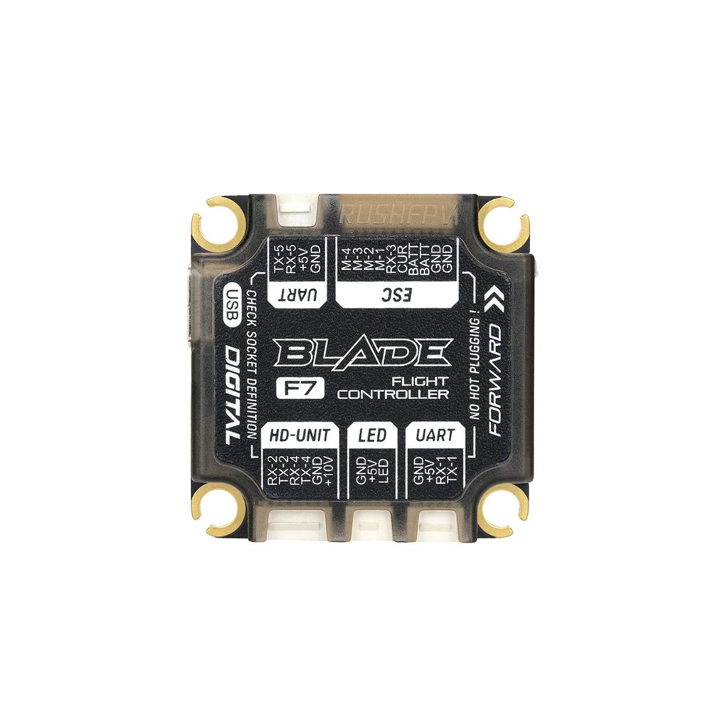 RUSHFPV RUSH BLADE V2 Stack, High-performance FPV drone components including flight controller and ESC with LED indicators and UART connectivity.