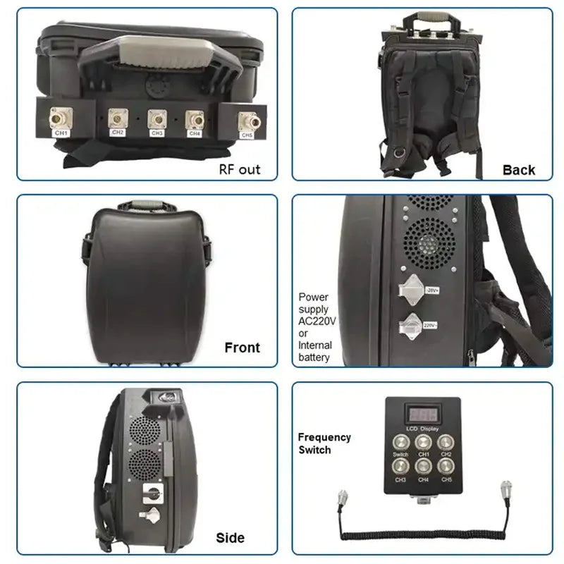 300W Anti Drone Device, RF out Back Power supply AC22OV Front Internal battery Frequency Switch