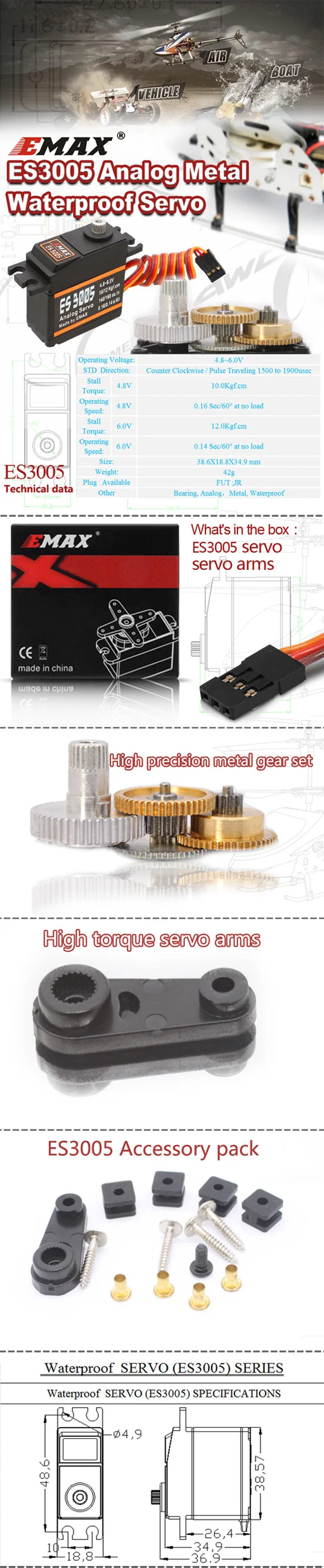 EMAX ES3005 42g Metal Analog Servo – Waterproof For RC Airplane & Helicopter