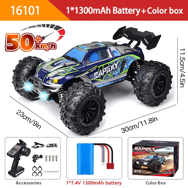 1:16 4WD RC Car, 1:16 scale 4WD RC car with 50+ km/h speed, brushed motor, LED lights, metal drivetrain, 2.4GHz remote, off-road drifting capability, 1300mAh battery, and color box.