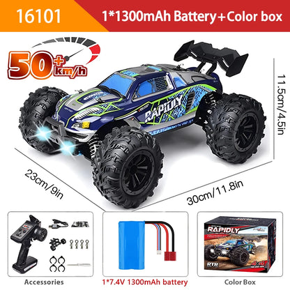 1:16 4WD RC Car, 1:16 scale 4WD RC car with 50+ km/h speed, brushed motor, LED lights, metal drivetrain, 2.4GHz remote, off-road drifting capability, 1300mAh battery, and color box.