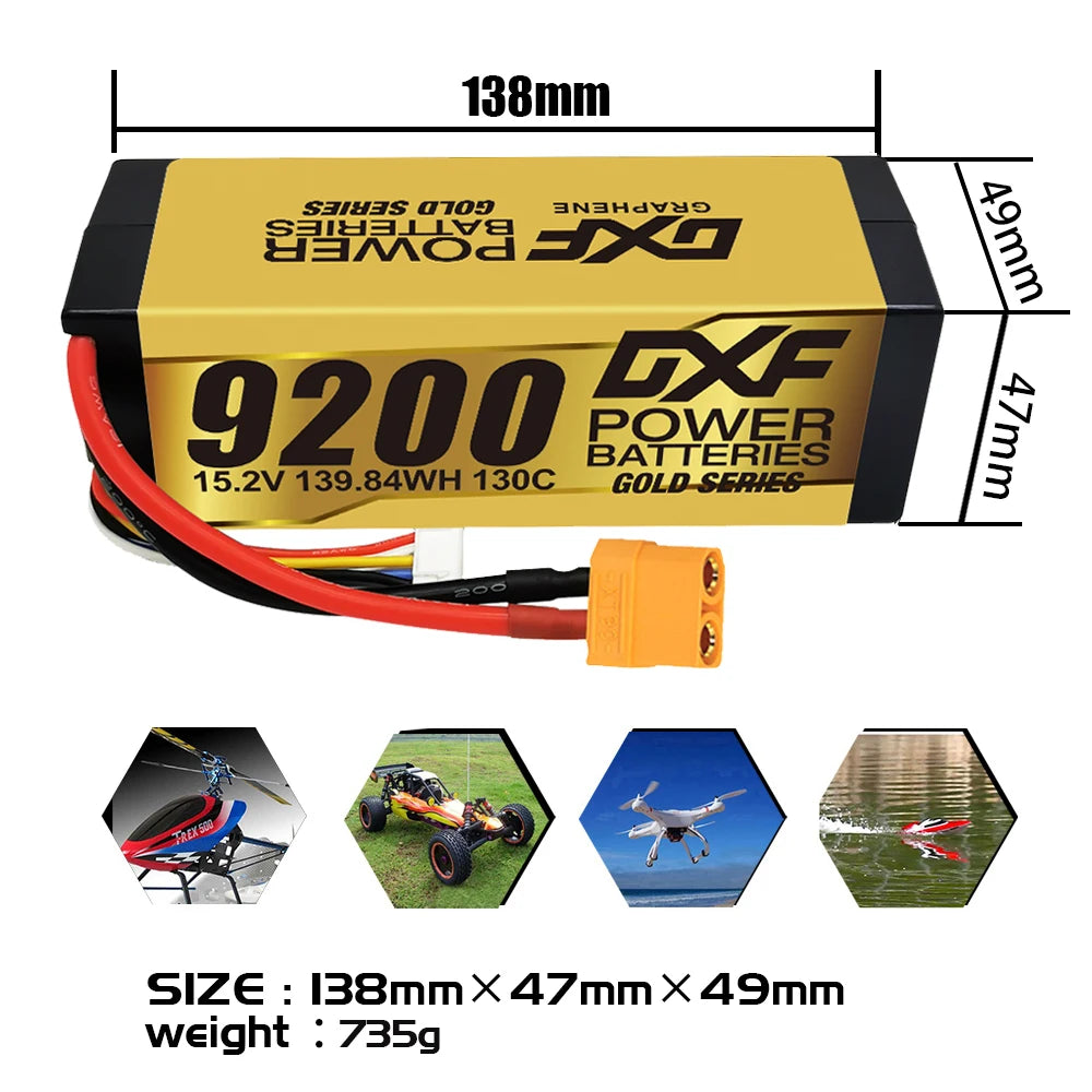 DXF 4S Lipo Battery 14.8V 15.2V 6500mAh 9200mAh - Gold Version Graphene Racing Series HardCase for RC Car BX Evader Truggy Buggy 41 DXF 4S Lipo Battery, Please make sure the cut-off voltage is not lower than 3.4V . we highly