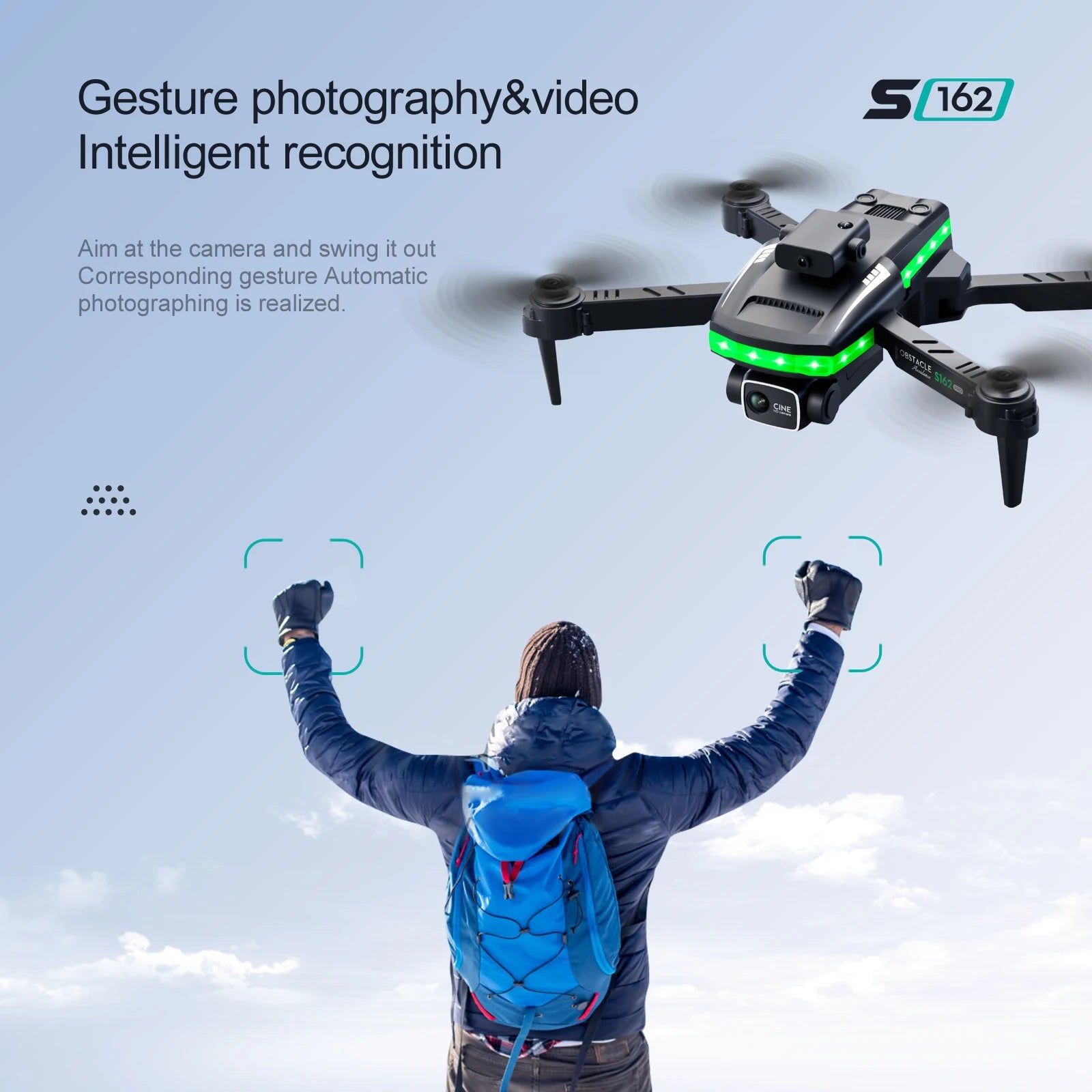 S162 Pro Drone - WIFI FPV With LED Light Bar HD 4K Beauty Shot Camera Height Hold RC Foldable Quadcopter Drones Kid Gift Toys 30 S162 Pro Drone, gesture photography&video 5 162 intelligent recognition aim at the camera and
