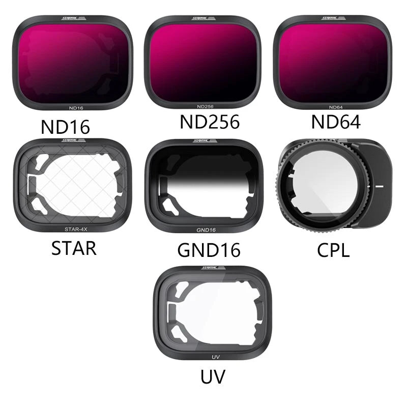 Lens Filter, ND16, ND256, ND64, Star, GND16, CPL, and UV filters compatible with DJI Mini 3 Pro for enhanced aerial photography in various lighting conditions.