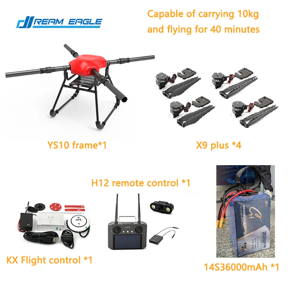 The Dreameagle YS10 Transport Drone has a 10kg payload capacity and uses a Hobbywing X9 Plus JIYI KX flight controller.