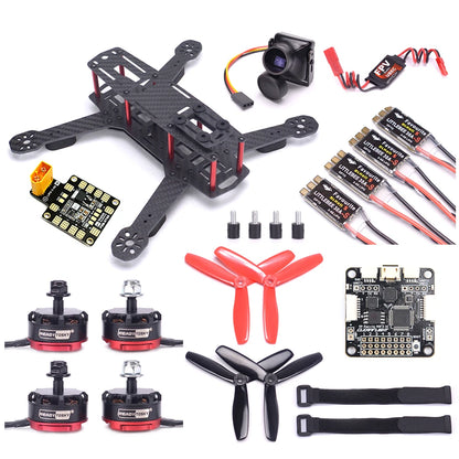 QAV250 FPV Racing Drone Kit with 2205 motors, F4 controller, ESCs, camera, propellers, frame, and accessories for assembly.