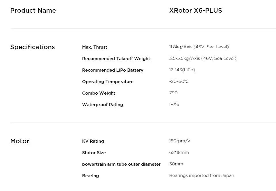 Hobbywing X6 plus Motor, XRotor X6-PLUS Specifications Max: Thrust
