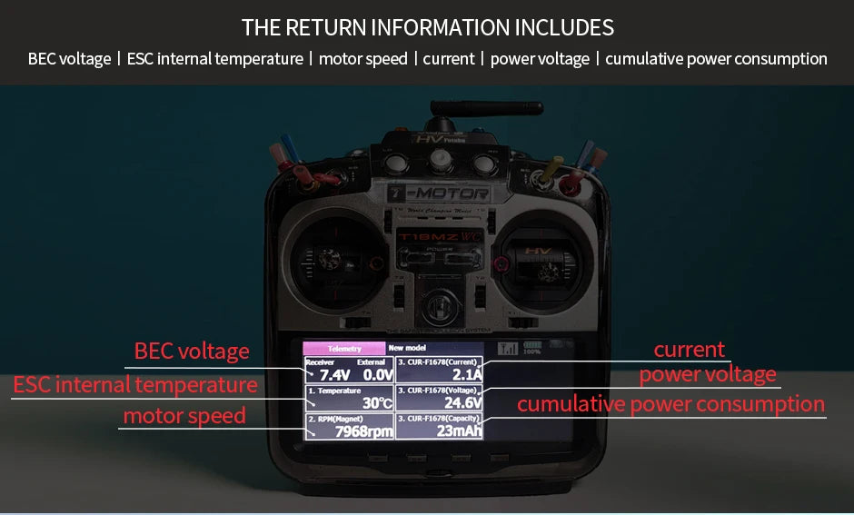 T-MOTOR, RETURN INFORMATION INCLUDES BEC voltage ESC internal temperature motor speed current power voltage