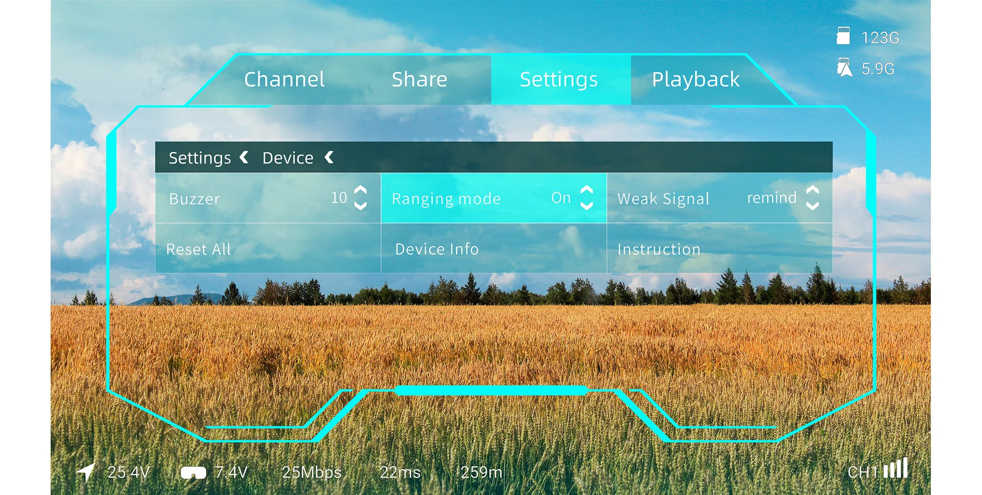Caddx Walksnail Avatar HD Kit V2 Camera V2, 1236 5.9G Channel Share Settings Playback Settings Device Buzzer 10 Ranging mode On