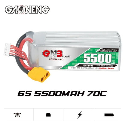 GaoNeng GNB 6S 22.2V 5500mAh Lipo Battery, High-performance LiPo battery for FPV drones with 22.2V voltage and 70C discharge rate.